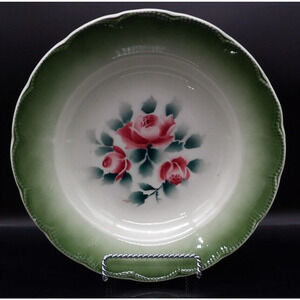 Vintage Green Porcelain Rose Design Vegetable Serving Bowl 9" Made in Germany